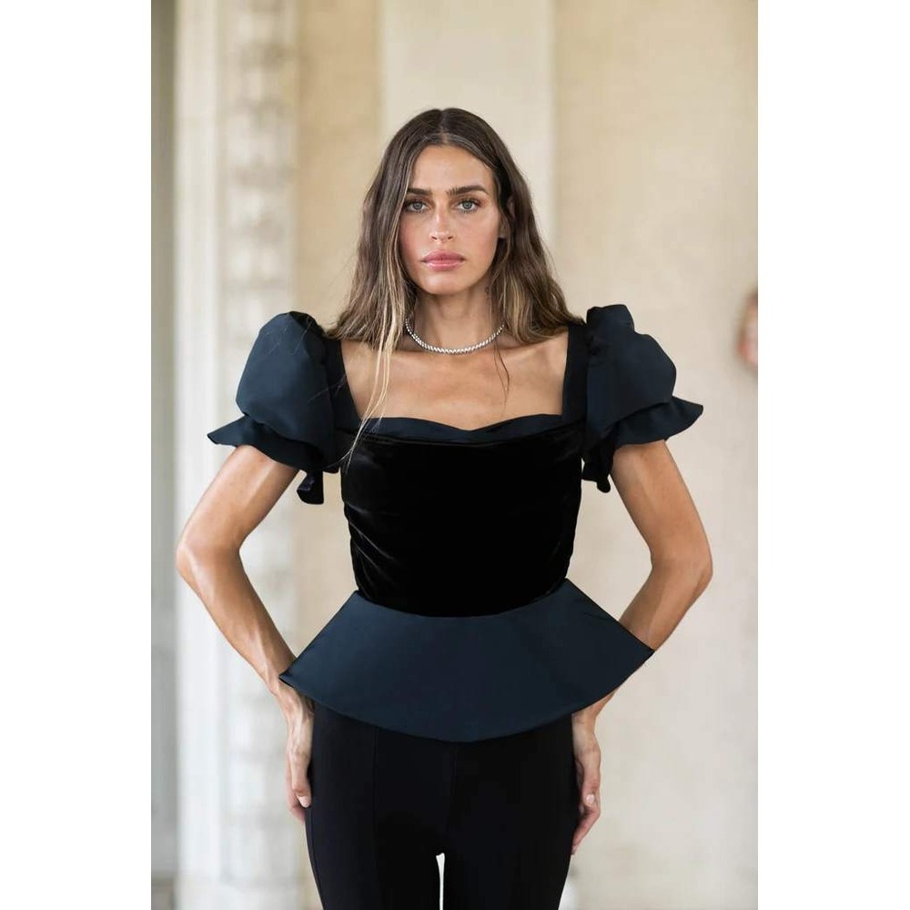 Damaris Bailey Top Women Large Black Velvet Peplum Puff Sleeve Silk Elegant